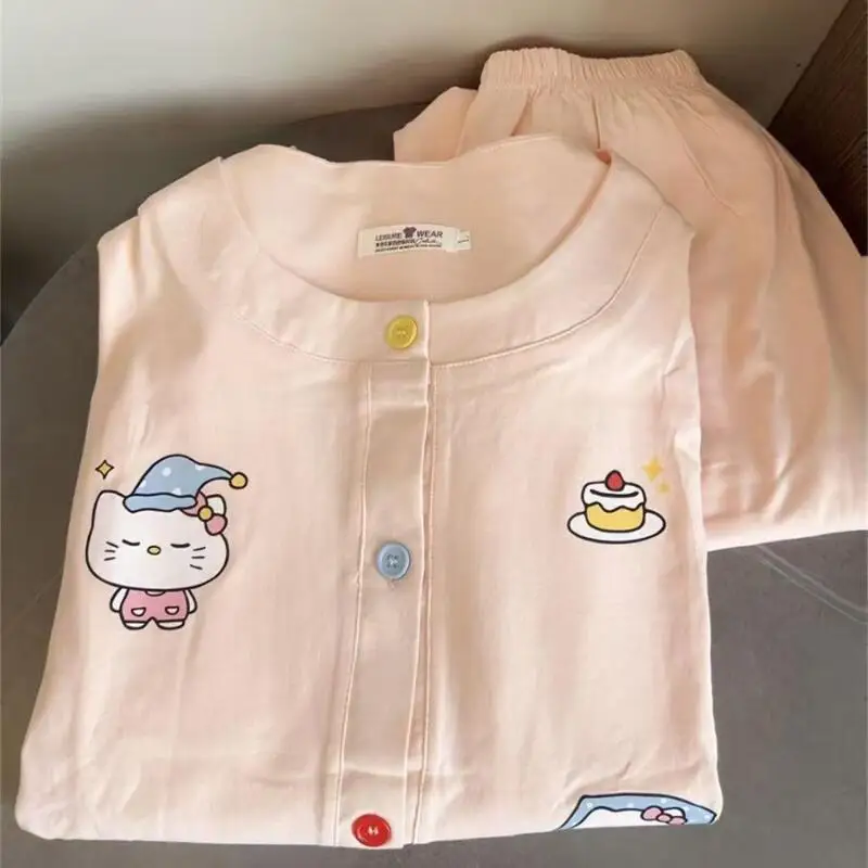 Sweet and Cute Girl Long Sleeve Pajama Spring and Autumn New Cartoon Student Round Neck Two Pieces Comfortable Home Clothess