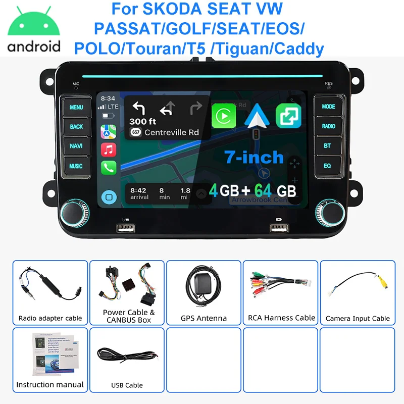 Autoradio ESSGOO Android 15 7 Inch voor VW Golf 5 6 Passat Polo 6R Touran Tiguan Caddy EOS Jetta Seat Skoda met Draadloze Carplay Android Auto GPS Navigatie RDS FM Bluetooth WIFI Stuurwielbediening