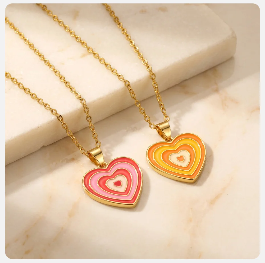 Vnox Niedliche Bunte Herzanhänger-Halskette für Frauen, Vergoldet, Emailliert, Mehrschichtige Farbige Halskette, Y2K-Schmuck – Detail 5