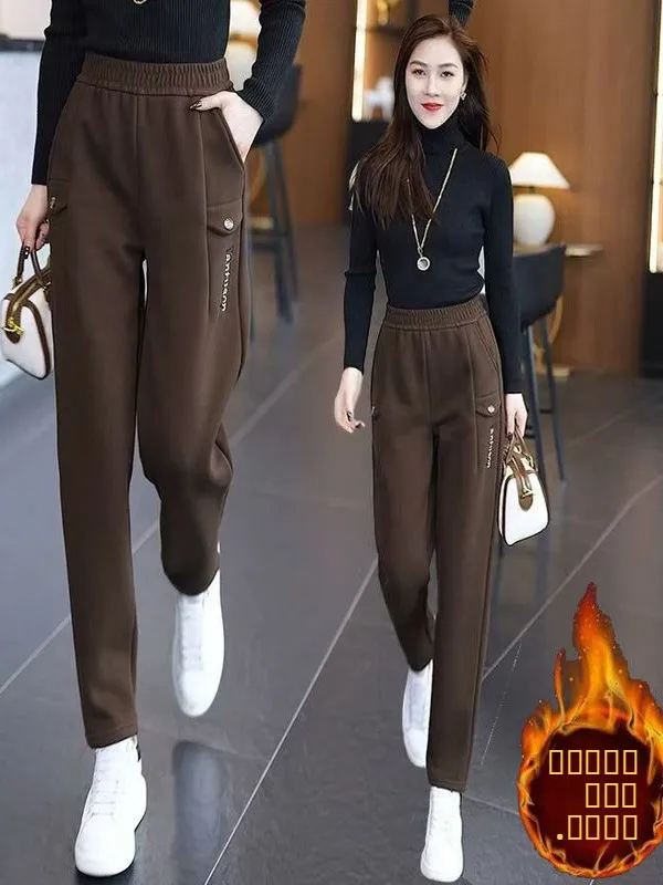 Pantalones Harem gruesos con forro polar para mujer, talla grande, estilo nuevo de otoño e invierno, sueltos, cálidos, adelga...