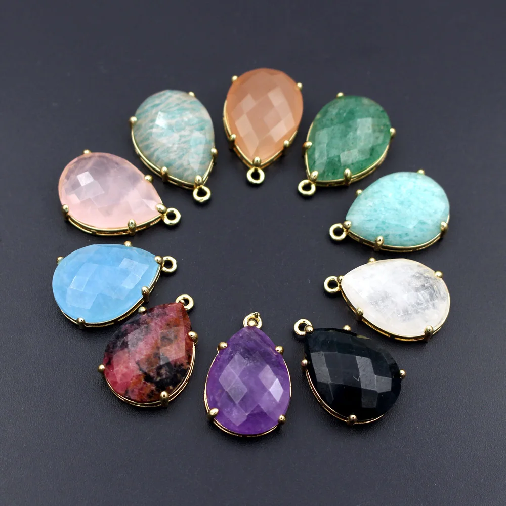 

6pcs 24mm Gold Plated Faceted Teardrop Natural Amazonite Stone Rose Quartz Drops Pendants Teardrop Charms