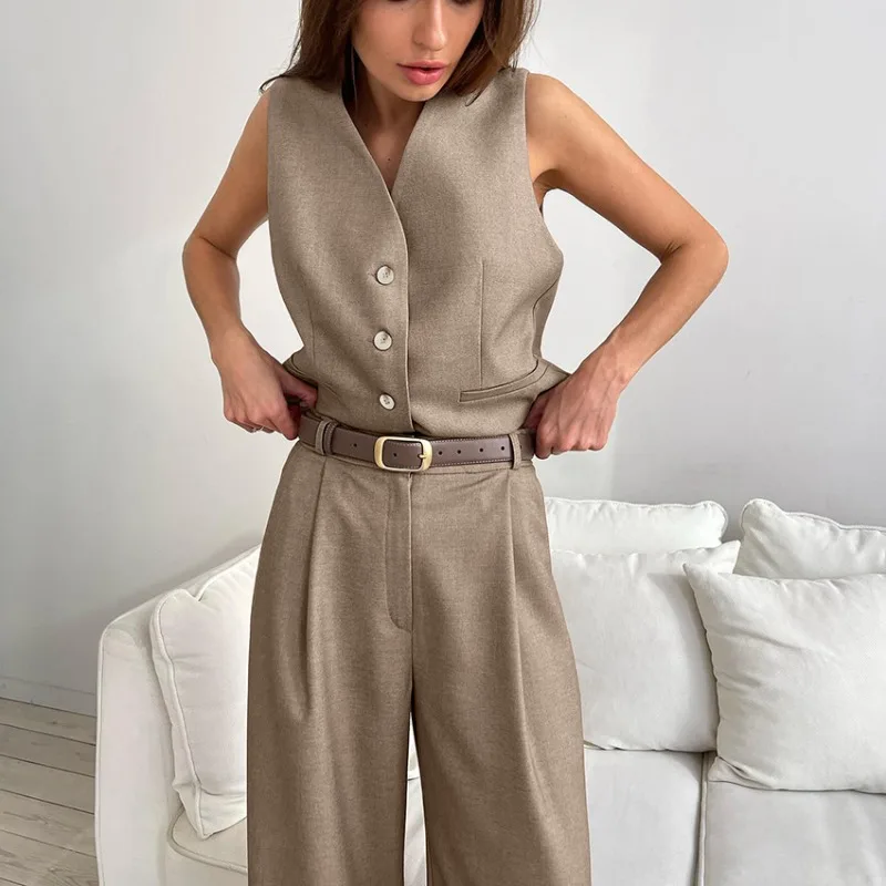 Spring Commuting Women's Fashion Grey V-Neck Sleeveless Vest Top & Suit Pants Set Temperament Female Elegant Trousers Outfits