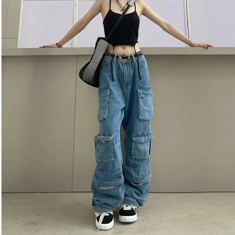 Mom Jeans Women Washing Denim Wide Leg Pants Multi Pocket High Street Mid Waist Zipper Fly Winter Loose Punk Patchwork Club