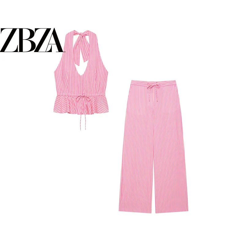 Fashionable Slim Fit Striped Backless Neck Hanging Top And Pants Women's Set High Waist Long Pants Short Style Summer Outfit