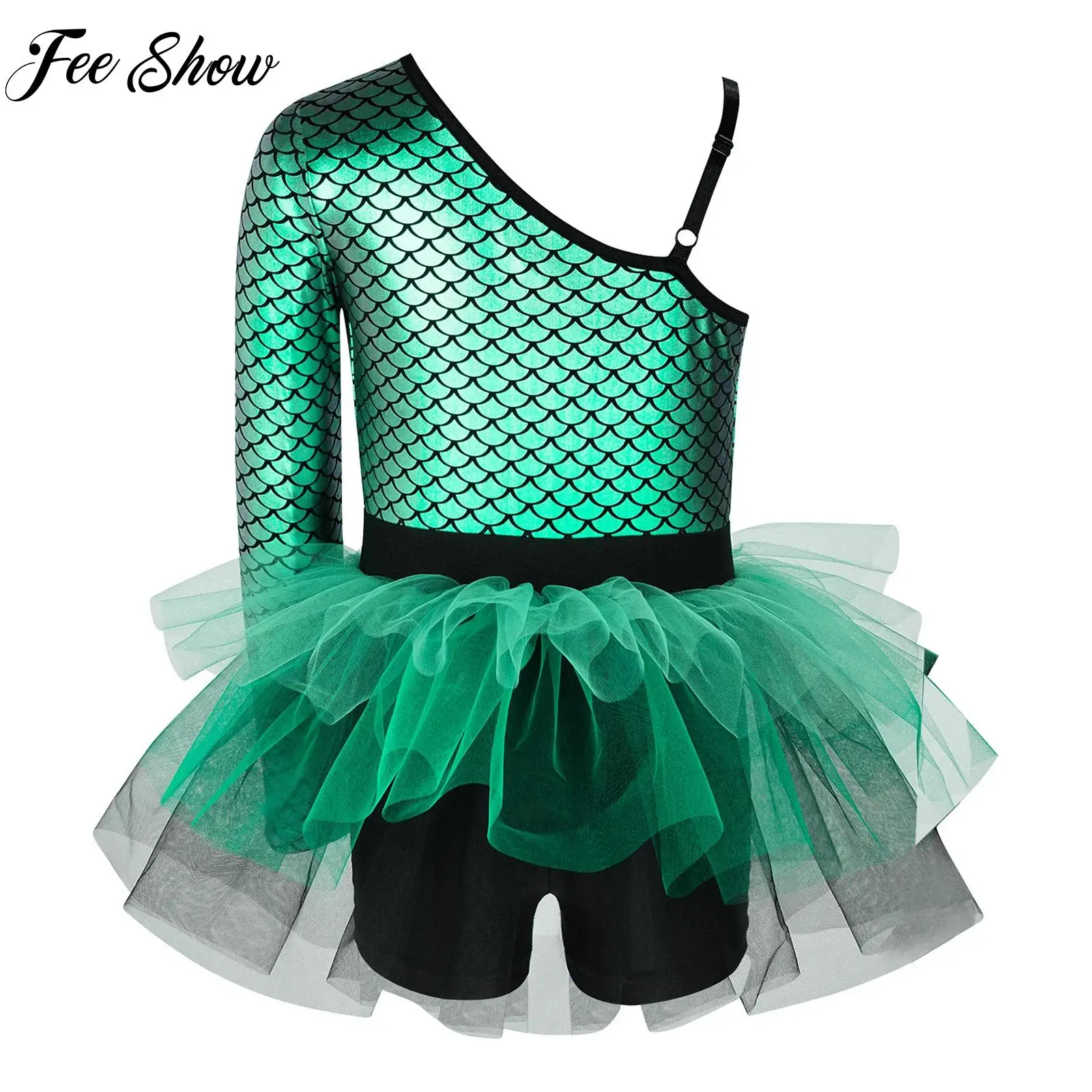 Kids Girls Halloween Leotards Mermaid Costume Party Asymmetrical Sleeves Metallic Fish Scale Bodice Jumpsuit with Tulle Skirted