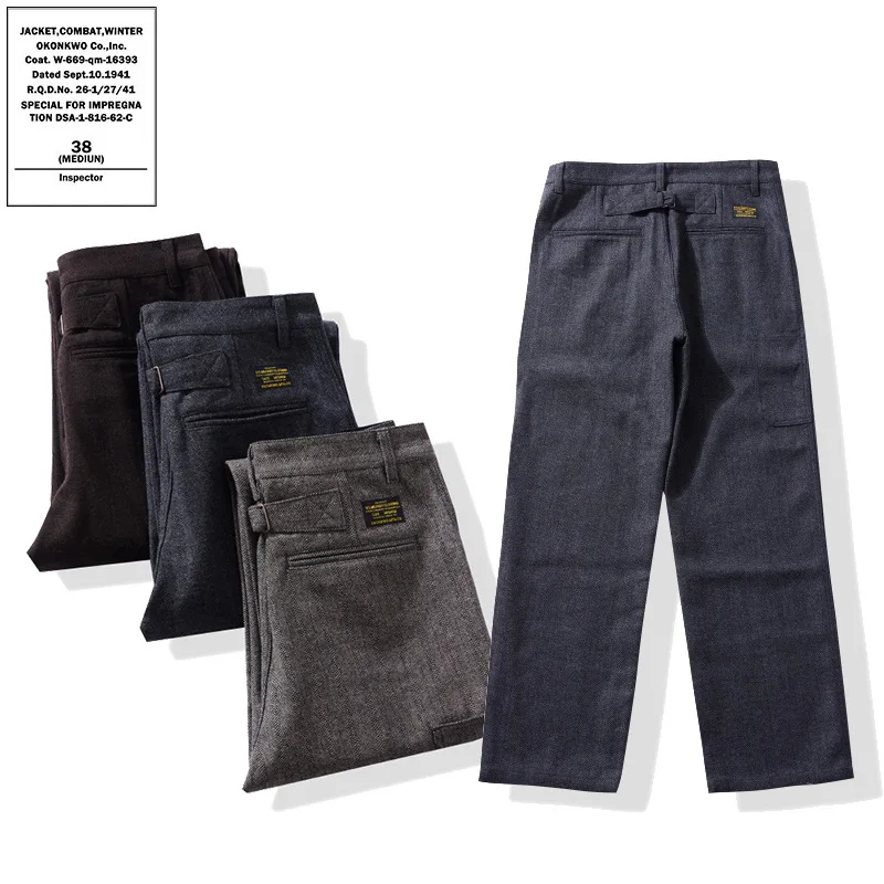 OKONKWO Business Men's Herringbone Wool Pants Thickened Multi Pocket Workwear Casual Trousers Outdoor Walking Work College Longs