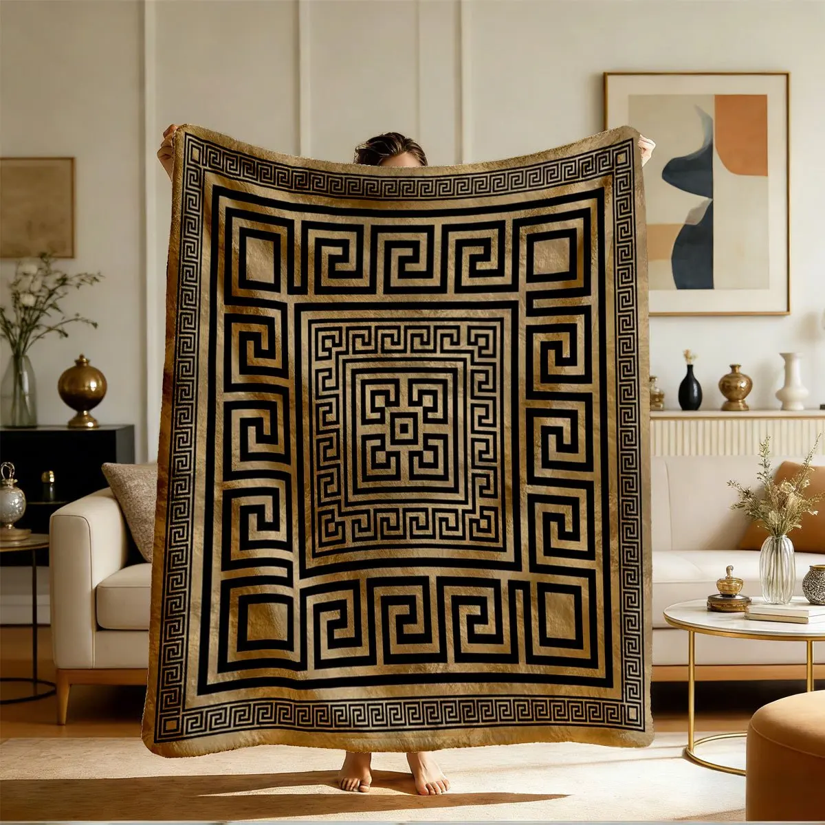 Geometric Greek Key Throw Blanket Tapestry Couch Decor Luxury Meander Pattern Gold Beige Bohemian Xmas Gift Accent Plaid