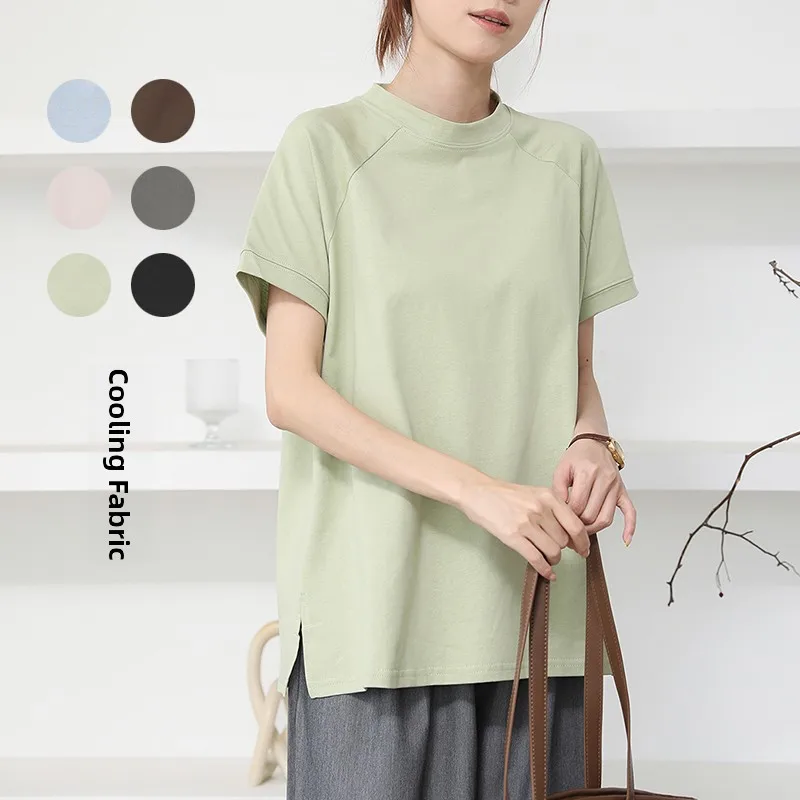 

Casual ort Sve T-irt Women's Stand Collar Side Slit Leisure Top Cotton Knitted Summer Faion Commute Sle Slim Fit