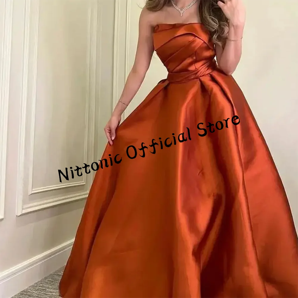 Clássico laranja sem alças plissado a linha vestidos de noite formais festa de aniversário vestidos de baile personalizados
