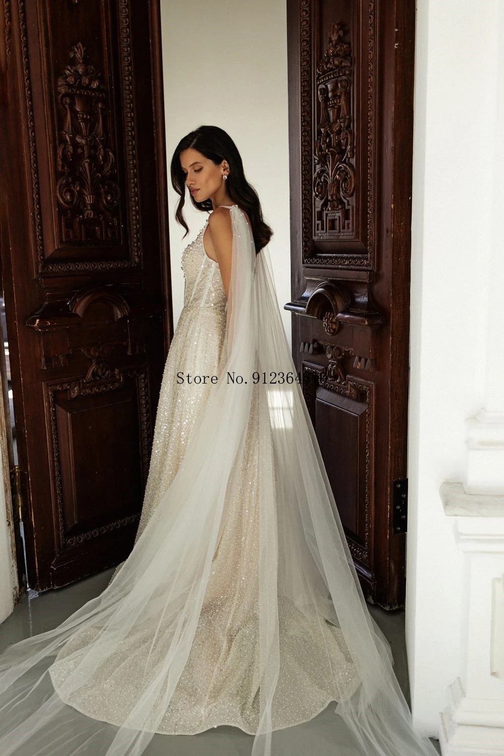 فستان زفاف مخصص برقبة مربعة وحزام سباغيتي على شكل حرف A مع ذيل محكمة فستان زفاف أنيق مطرز للعرائس #4