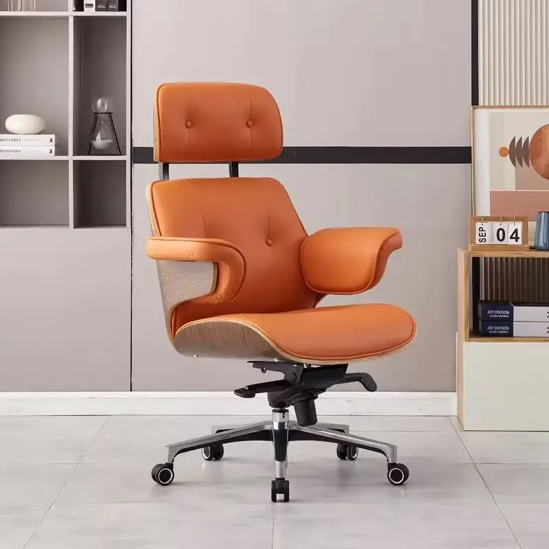 Modern Simple Swivel Chair Home/Office Genuine Leather Boss Reclining Computer Chair Adjustable Lift Headrest Extendable Steel