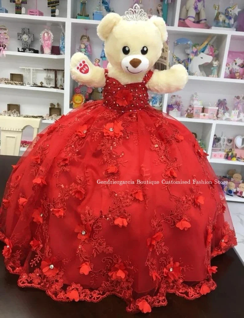 Red Mexican Mini Quinceanera Teddy Bear Dress Exquisite 3D Floral Embroidered Lace Pleated Tulle Quinceanera Customised