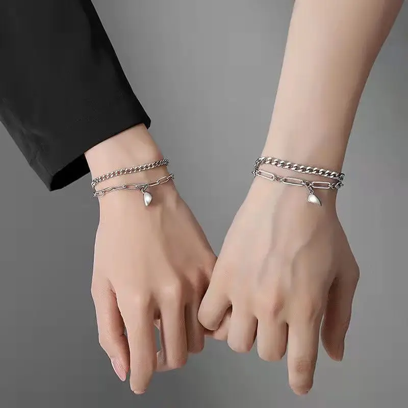 JWER 2Pcs Punk Magnet Couple Bracelet for Women Alloy Romantic Magnet Men Paired Jewelry Valentine's Day gift Silver Color