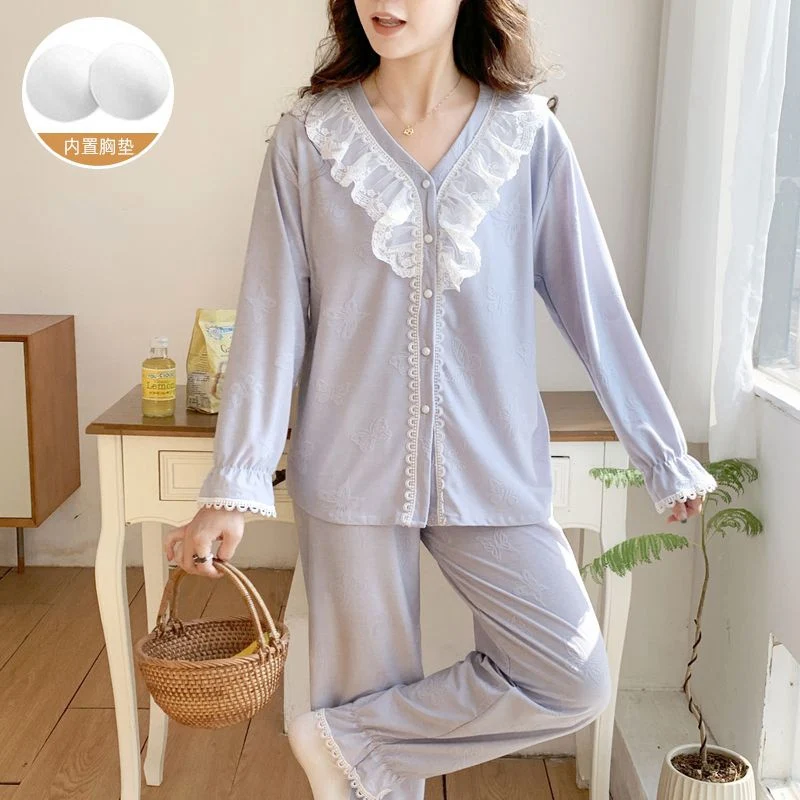 

Весна 2025 года, хлопковый сексуальный кружевной пижамный комплект с длинными рукавами и v-образным вырезом для женщин, корейская милая одежда для сна, домашняя одежда, Pijama Mujer, одежда