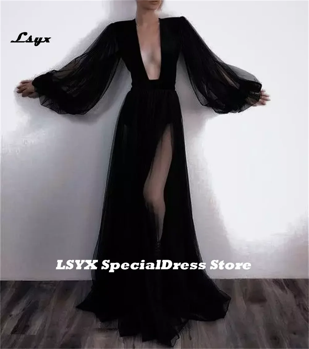 LSYX Perspective Prom Dress 2023 Black Puffy Sleeve Evening Dress Sexy Deep V-neck Party Dress Tulle فساتين مناسبة رسمية