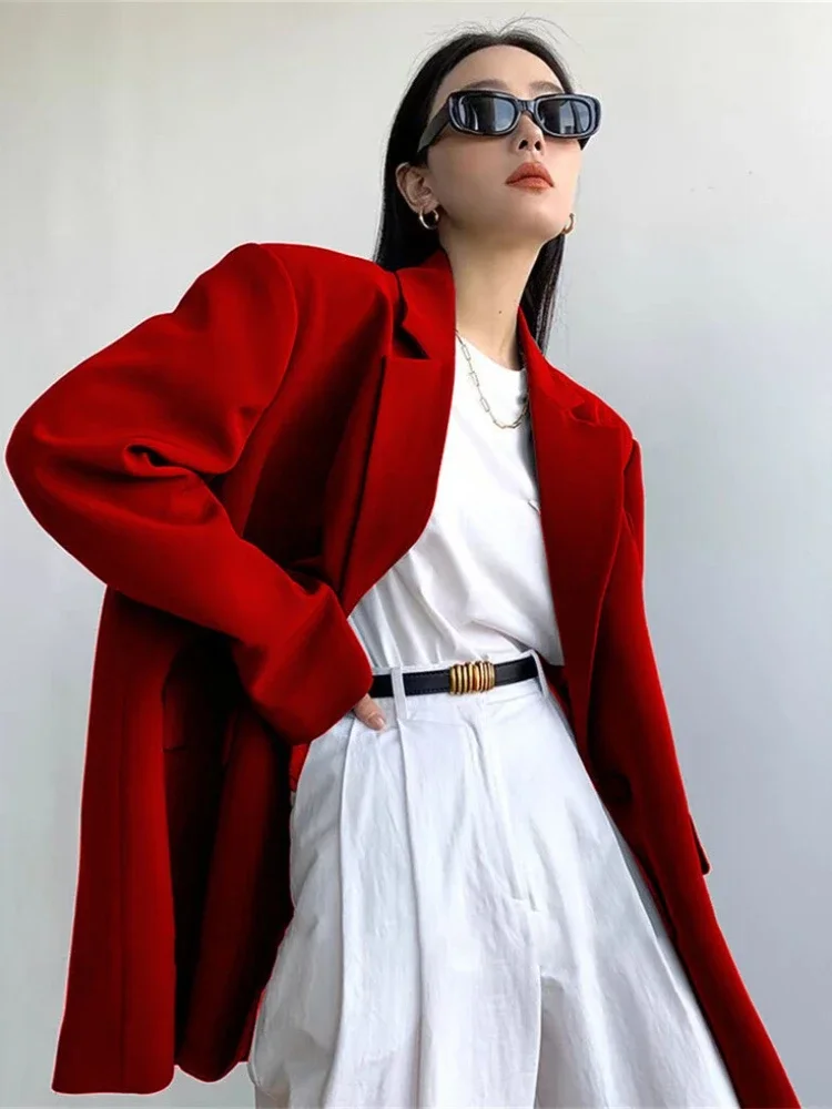 Blazer a maniche lunghe larghi da strada alla moda Cappotto da donna da ufficio casual con bottone singolo All-match Blazer da donna vintage solido
