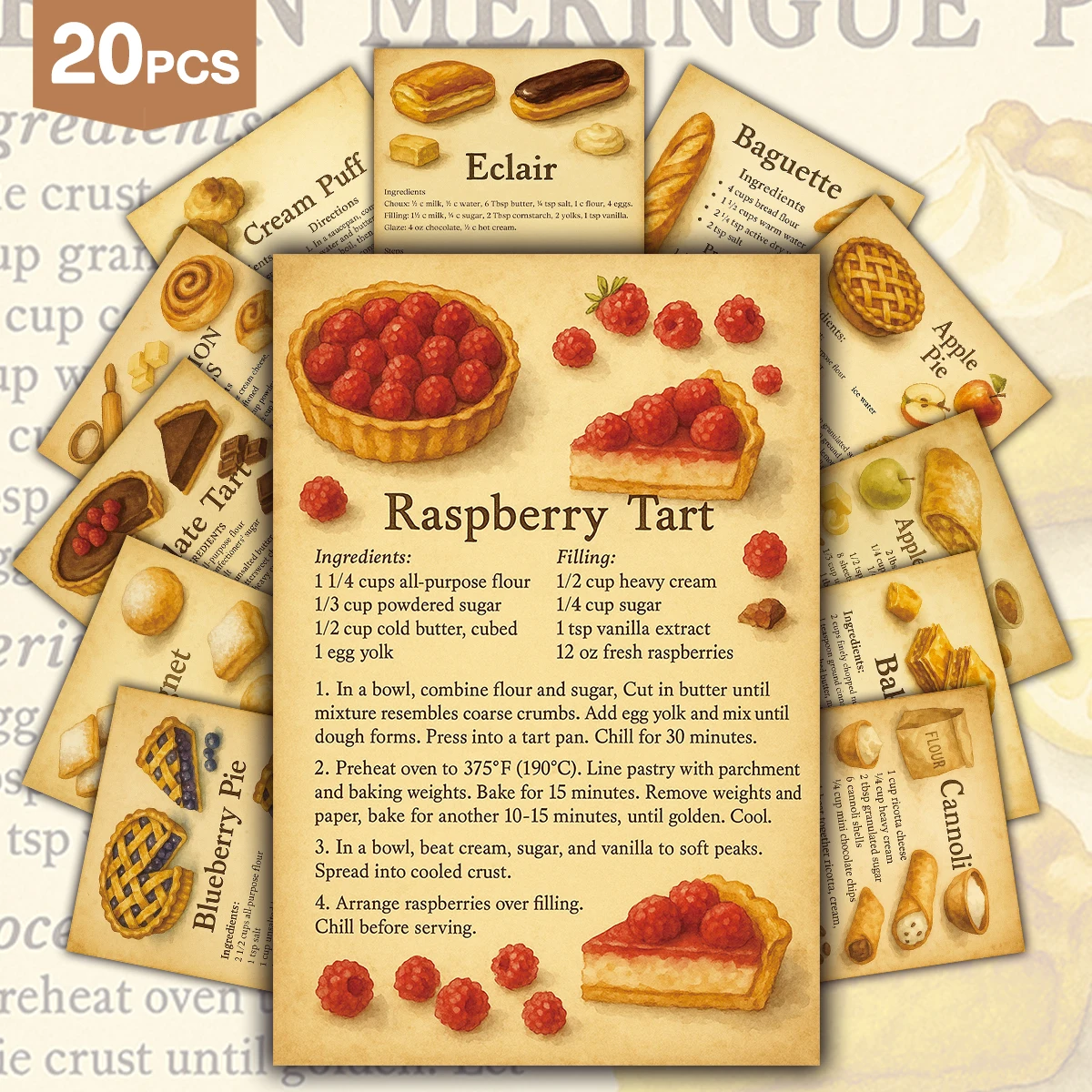 20pcs Vintage Gourmet Wall Sticker Cards,Collection Postcards Of Retro French Patisserie&Dessert,Kitchen Cafe Bakery Art Decor