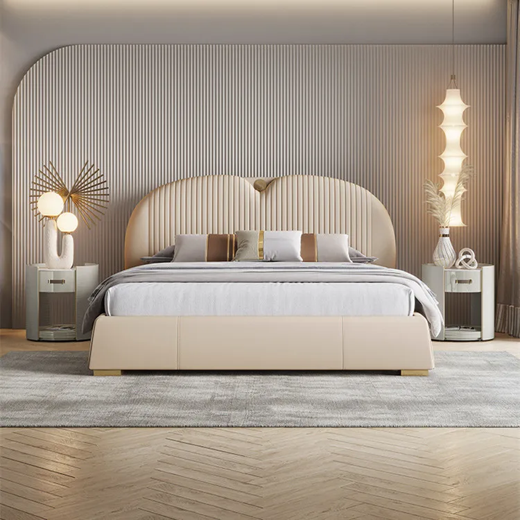 

Modern light luxury leather simple master bedroom bed Italian high-end double wedding minimalist 1.8 meters high box