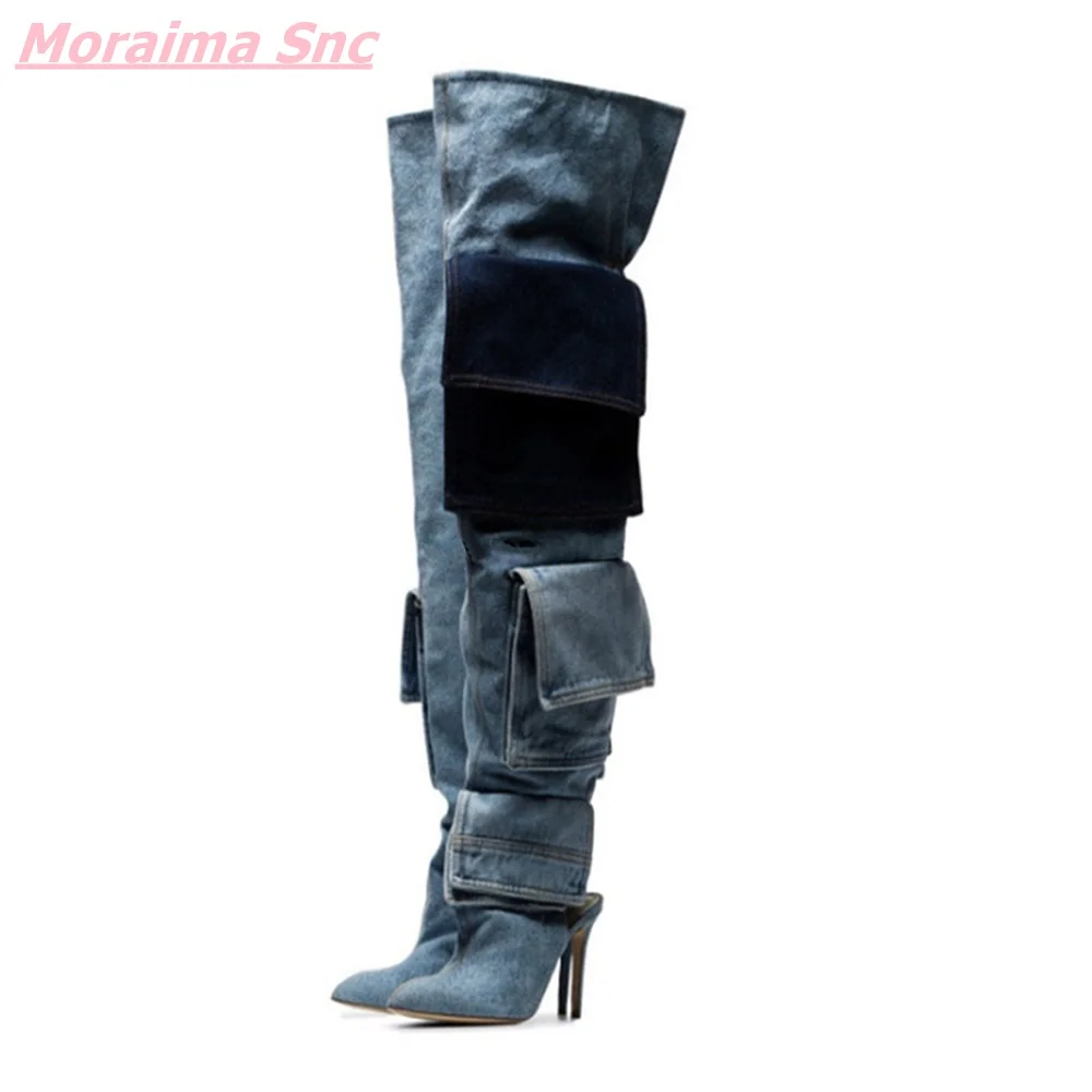 

2024 Patchwork Denim Women's Thigh High Boots Slingback Slip-On Pointed Toe Over-the-Knee Fashion Cool Ladies Sexy Modern Boots