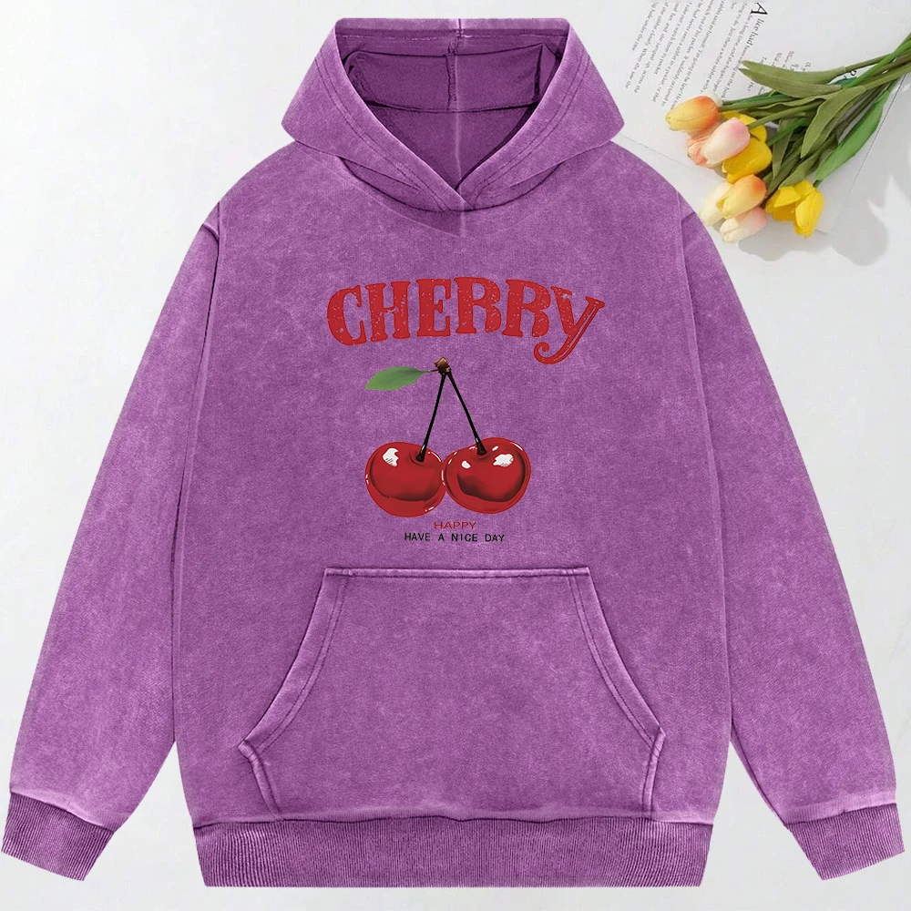 Creative Cherry Prints Washed Hoodie Women Y2K Comfortable All-Match  Hoody Autumn Loose Hoodies Cotton Pocket Pullovers