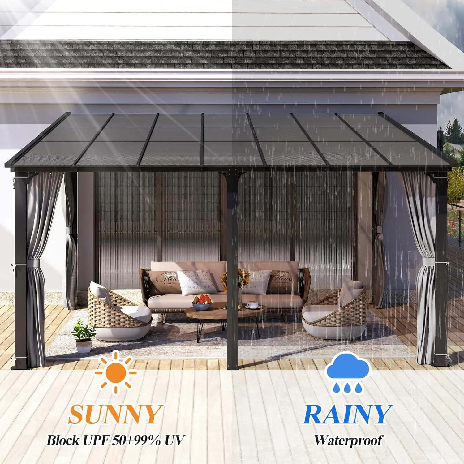 12'x14' Wall Mounted Lean To Gazebo Aluminum Frame Sloped Roof Outdoor Patio Pergola Backyard Canopy Awning Shelter