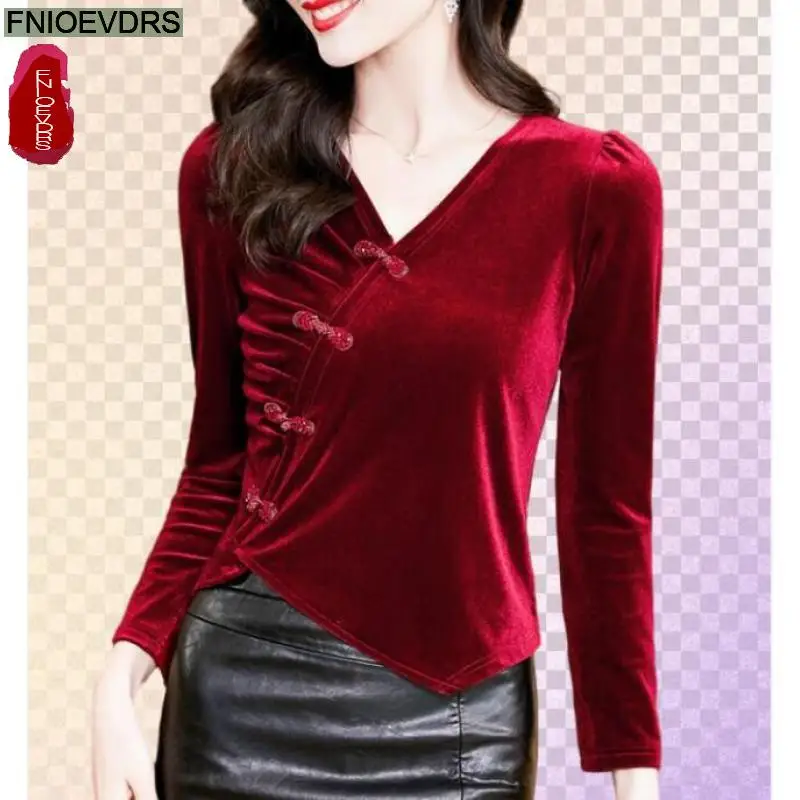 S-3XL New Year Red Black Tops Women Winter Basic Wear Button Stand Collar Retro Vintage French Design Shirts Velvet Tops Blouses