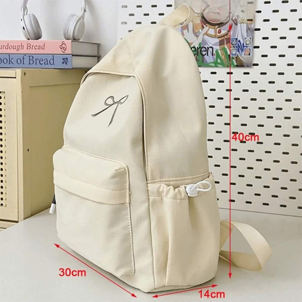 Cute Embroidered Bow Girls Backpack Nylon Large Capacity Students Schoolbag Lightweight Solid Color Travel Rucksack