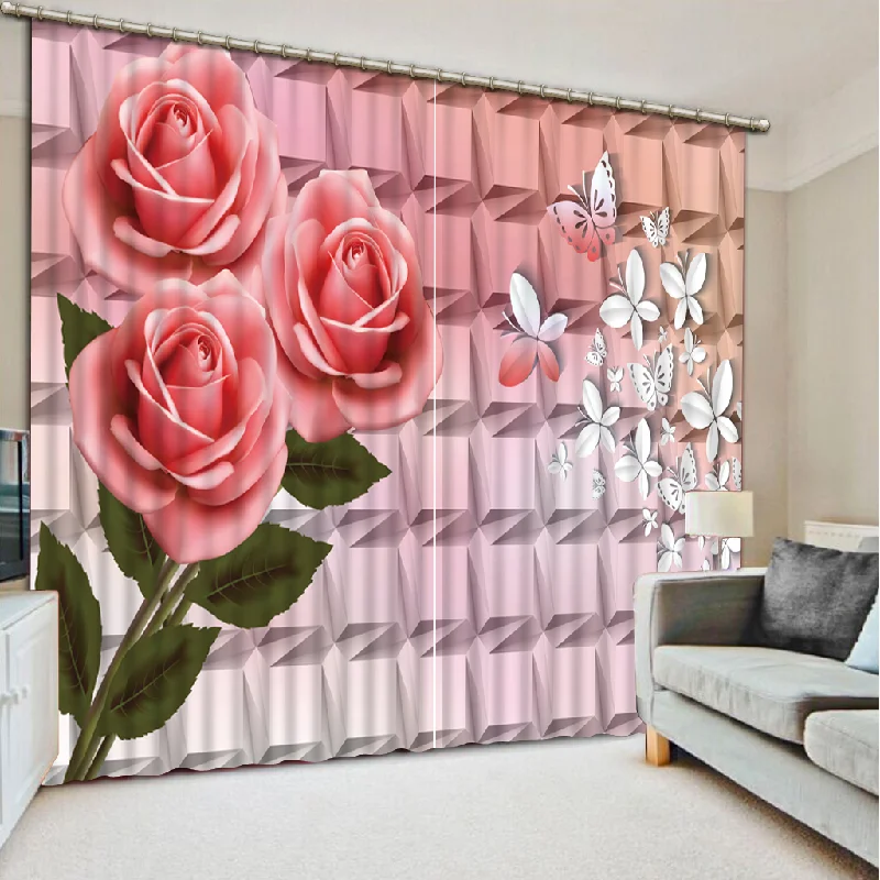 

Modern 3D Curtain For Window Rose Butterflies Flower Curtains For Living Room Bedroom Custom 3D Drapes Room Decor