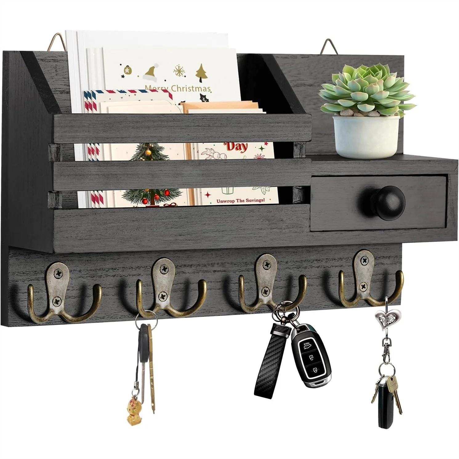 

Wooden Key Holder Wall Mount With Mail Organizer, 8 Hooks, Small Shelf And Drawer, 2 Installation Methods, Black
