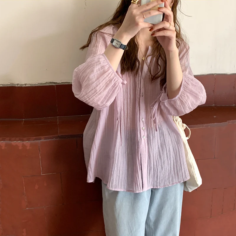 

Loose Long Sleeve V-neck Women's Shirt Vintage Japanese Sle Early Autumn New Fashion Commute Straight Cut