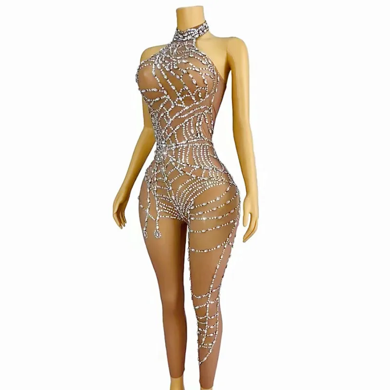 

Сексуальный прозрачный облегающий комбинезон со стразами для бара, ночного клуба, купальник для танцев на пилоне, женский костюм танцовщицы, певицы, Drag Queen, костюм для выступлений
