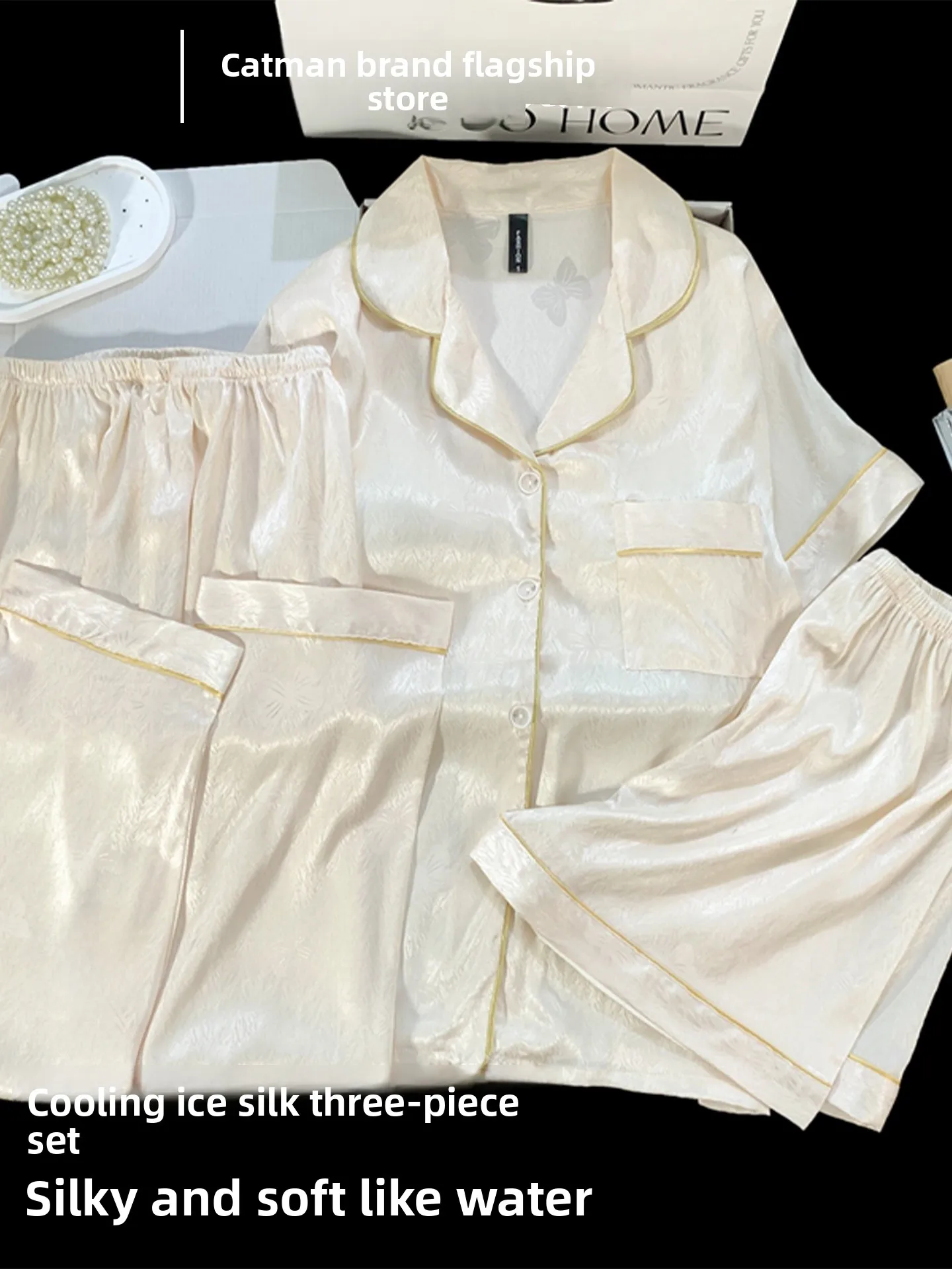 woman-summer-ice-silk-sleepwear-with-chest-pad-short-sleeve-open-cardigan-outdoor-wearable-three-piece-set-home-clothes