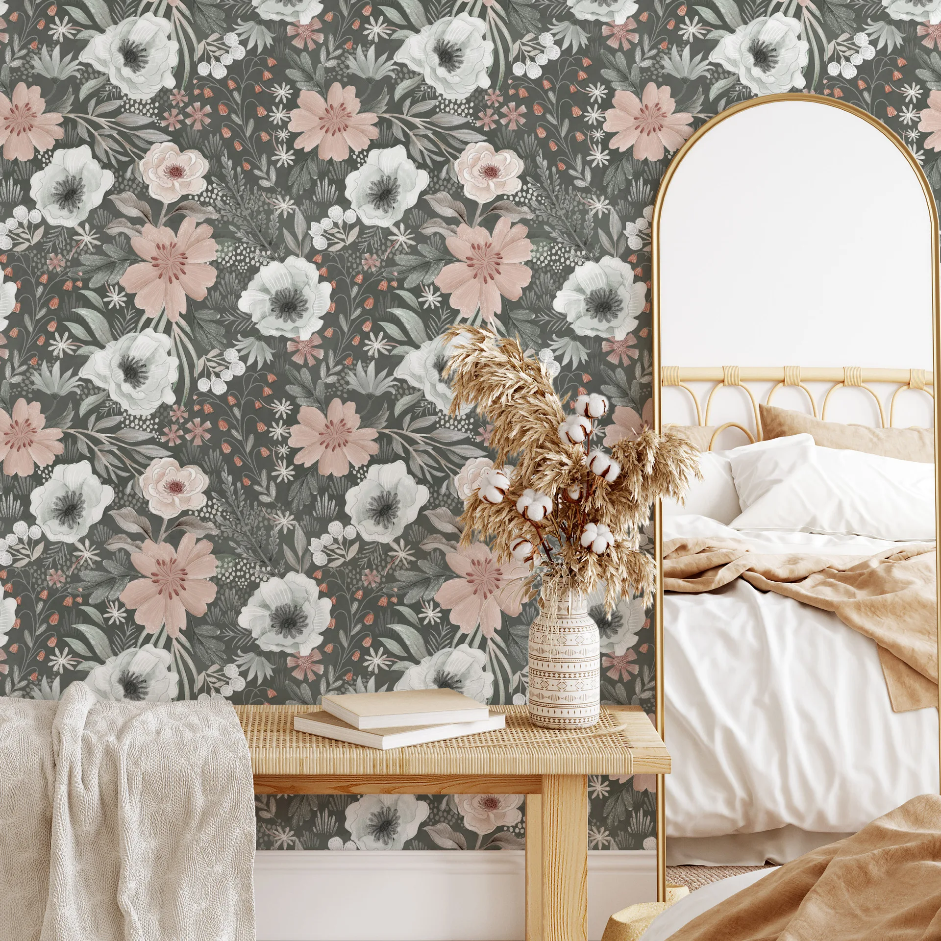 Vintage Floral Self Adhesive Wallpaper Painting White Blooming Flower Peel and Stick Peony Leaf Contact Paper Removable