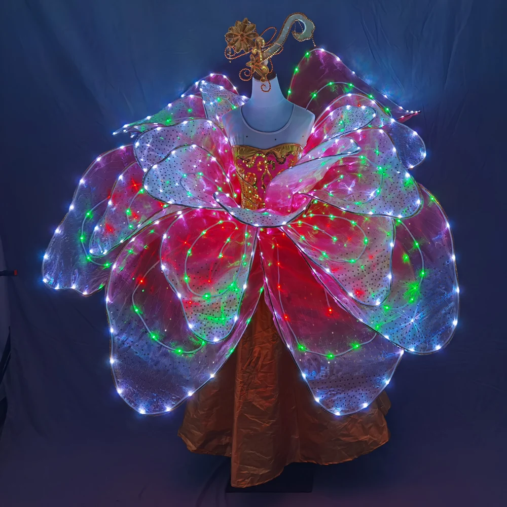 Full Color LED Petal Skirt Flower Opening Dance Big Swing Dress Modern Dance Performance Dress LED Robot Suit Blossom Long Dress