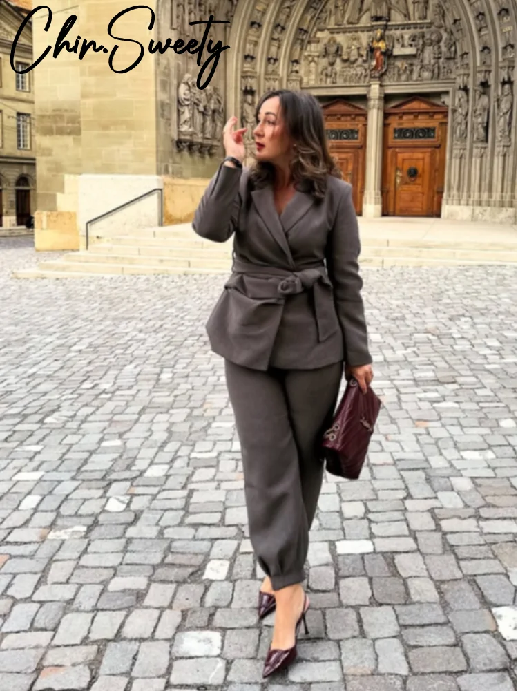 

Элегантный серый пиджак, брюки, женский комплект, пальто со шнуровкой и лацканами, длинными рукавами, брюки до щиколотки семи дюймов, осень-зима 2022, женский наряд, новинка