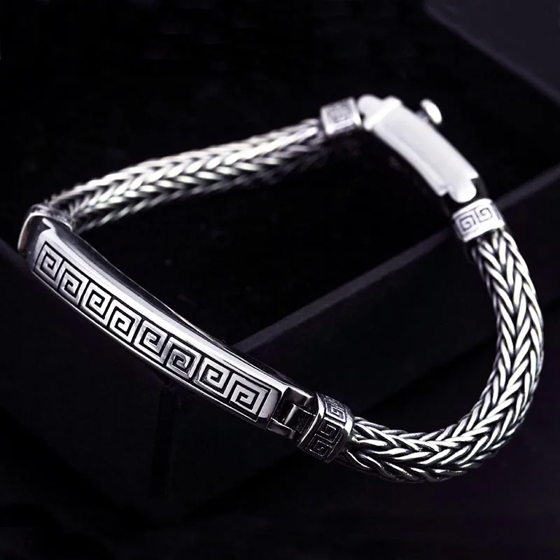 S925 Silver Men's Mock Linen Bracelet Weaving Personality Retro Punk Fashion Handmade Silver Wrist Jewelry