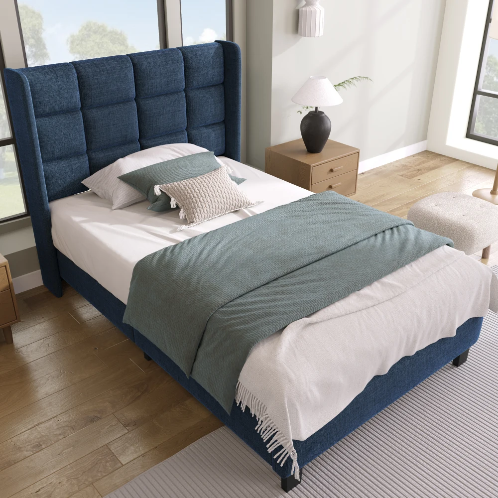 PINGGO Modernes Gepolstertes Einzelbett 90x200cm Blaues Leinen Gepolstertes Kopfteil Schiefergitter Mittlere Festigkeit Ohne Matratze – Detail 3