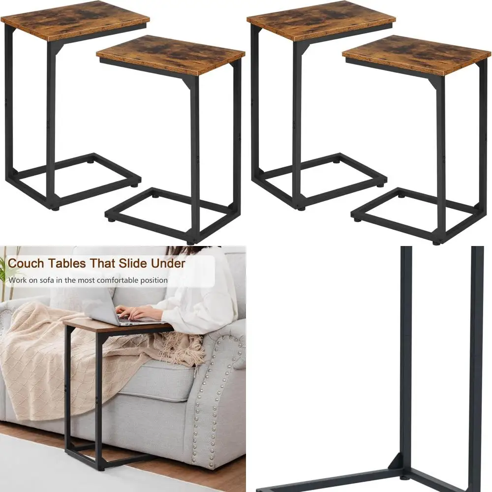 C Shaped Side Table, End Tables Living Room Set of 2, Slide Under Couch Table for Sofa, TV Trays for Bedroom, Small Space, Rusti