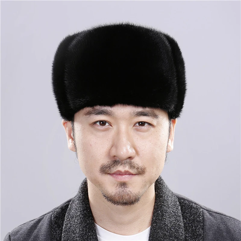 2024 Hot Sale Winter Man Top Real Mink Fur Bomber Hat Male Genuine Marten Head Warm Black/Brown Caps Best Gift For Dad Gorras