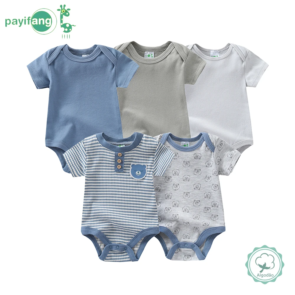 男の子用ロンパース5点セット、半袖男の子用衣装、ストライプ柄のクマプリント、男の子用に最適、柔らかく快適、普段着に最適