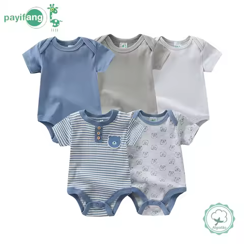 Conjunto de 5 peças de macacões para bebês meninos, roupa de bebê menino de manga curta, estampa de urso listrada, adequado para bebês meninos, macio e confortável, adequado para uso diário.