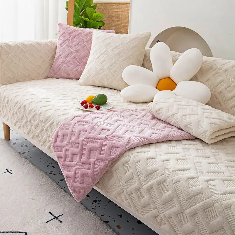 Autumn and Winter Milk Velvet Plaid Sofa Cover Plush Thickening Living Room Sofa Cushion Hot Selling Furniture Protective Covers