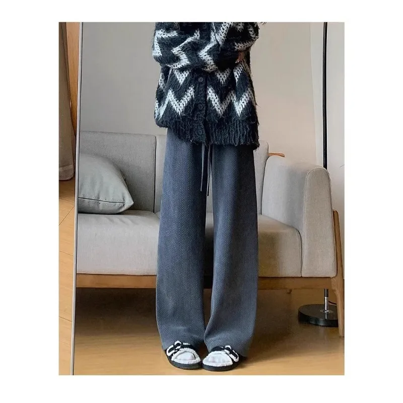 

Широкие брюки с узором «елочка» для женщин осень-зима плюс бархатные свободные повседневные прямые брюки с высокой талией