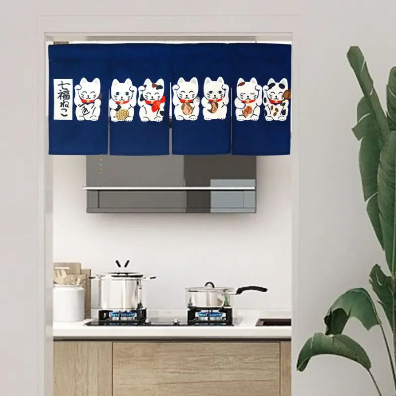 VIKAMA Lucky Maneki Neko Short Noren Partition Curtain Light Hanging Valance Kitchen Cafe Counter Japanese Decor