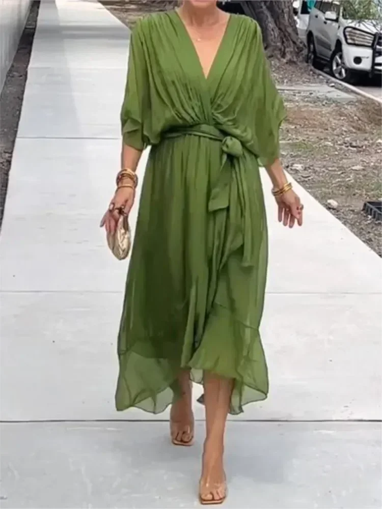 

New Women Dress Solid Color Bat Sleeves Half-sleeved Lace-up Sexy V-neck Fashion Irregular Female Long Dresses
