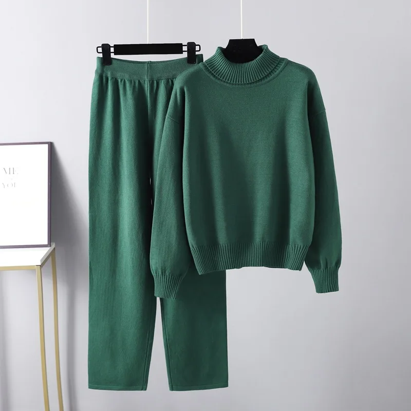 HLBCBG 2 Pieces sSweater Sets Women Knitted Turtleneck Sweater + Loose Trousers CHIC Pullover Sweater+ Knitted Carrot Pants Set