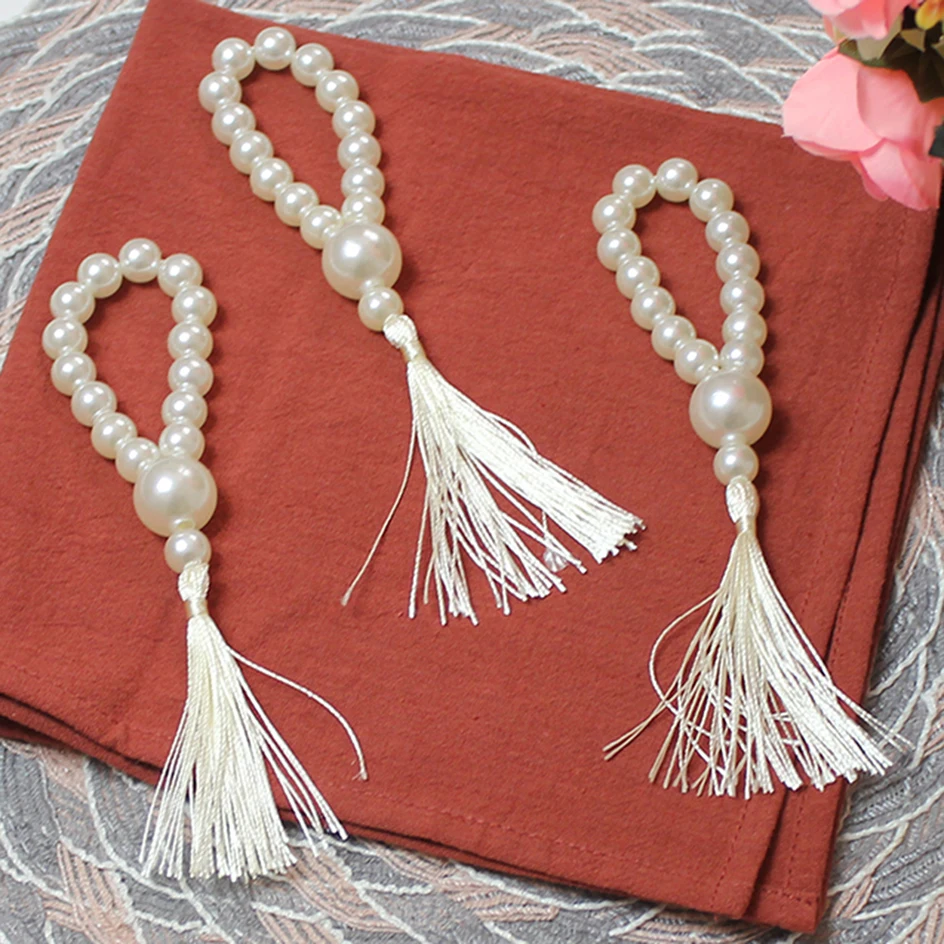 12PCS Handmade Napkin Ring with Pearl Beads Handcrafted Tassels Table Napkin Buckles Holder for Christmas Wedding Party Decor