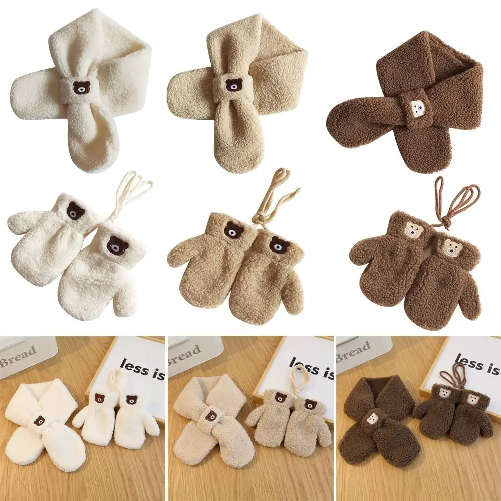 Bear Pattern Children's Plush Scarf Mittens Cartoon Push Fingerless Kids Mittens Gloves Infant Hand Warmers Children