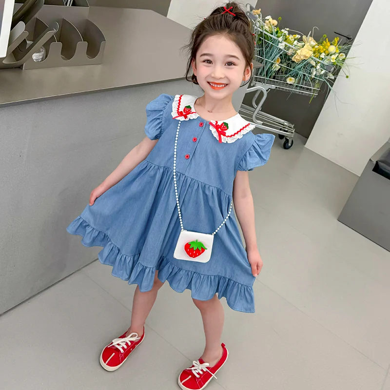 2024 New Summer Girl Strawberry Denim Dress Soft and Comfortable Fabric Foreign girl's daily vitality Wear A-line skirt Princess