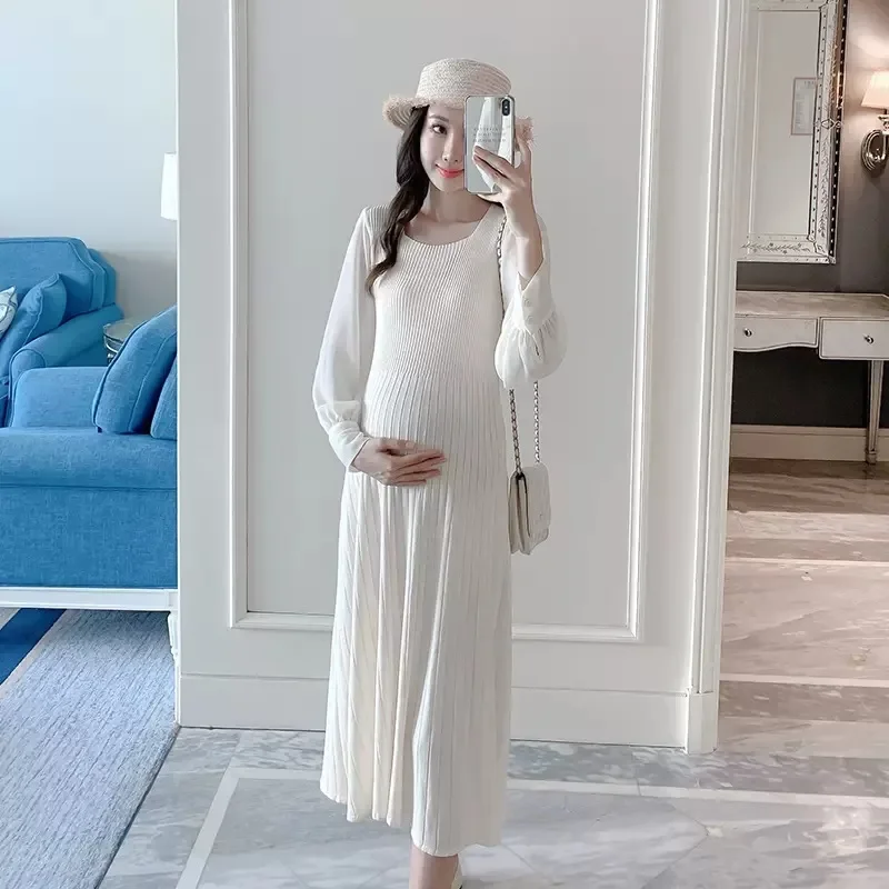 Maternity Clothes Autumn New Chiffon Stitching Stretch Knitted Solid Color Long-sleeved Elegant Pregnancy Dress for Photo Shoots